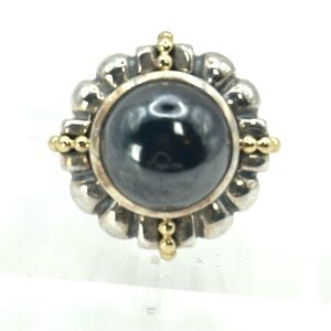Lagos Caviar Hematite Cabochon Silver & Gold Ring Size 7